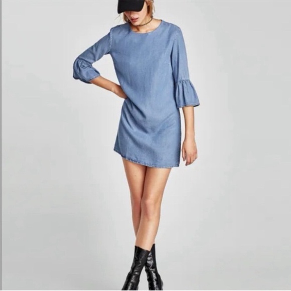 Zara Woman Denim Ruffle Sleeve Mini Dress Size Small